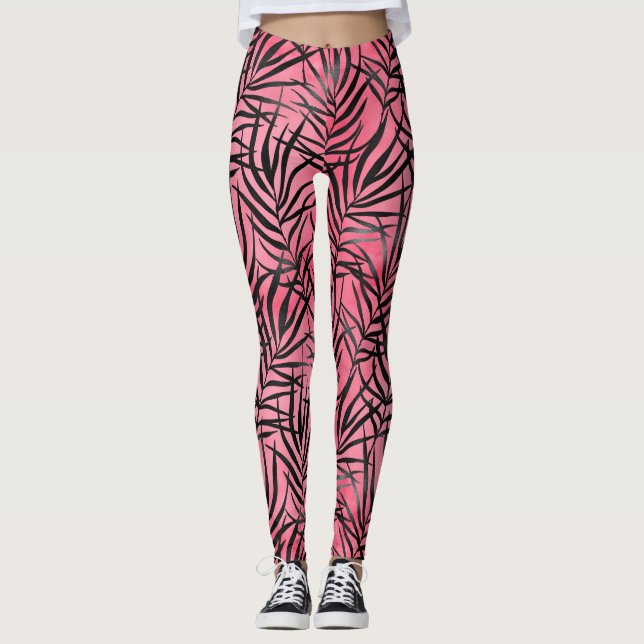 Modern Rosa Black Foliage Mönster Snyggt Yoga Leggings (Framsida)