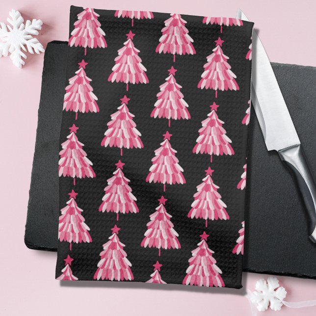 Modern Rosa Black Julgran Mönster Kökshandduk (Black and pink christmas tree woodland Christmas kitchen tea towel.)
