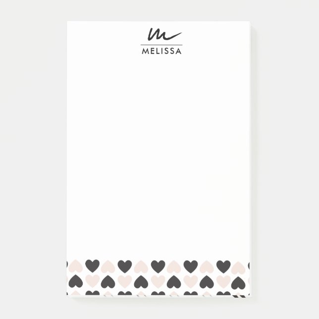 Modern  Rosa Black Kärlek Hearts Monogram Post-it Block (Framsida)