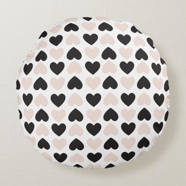 Modern  Rosa Black Kärlek Hearts Mönster Rund Kudde (Framsidan)