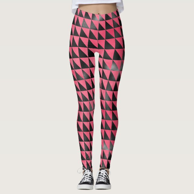 Modern Rosa Black Metallic Shiny Geometric Yoga Leggings (Framsida)