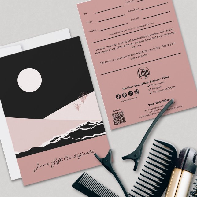 Modern Rosa Black Stylist June Gift Certificate (Modern Pink Black Stylist June Gift Certificate, Logo, Social, QR Code)