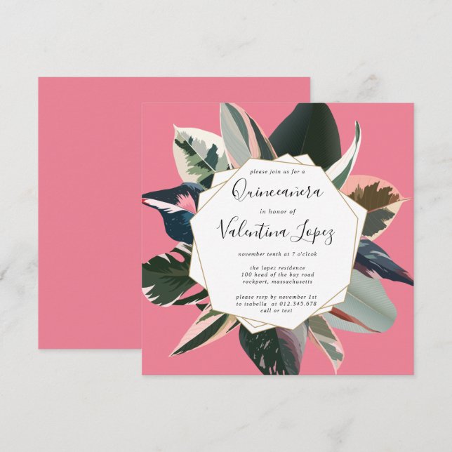 Modern Rosa Black Tropical Quinceanera-inbjudan Inbjudningar (Fram/baksida)