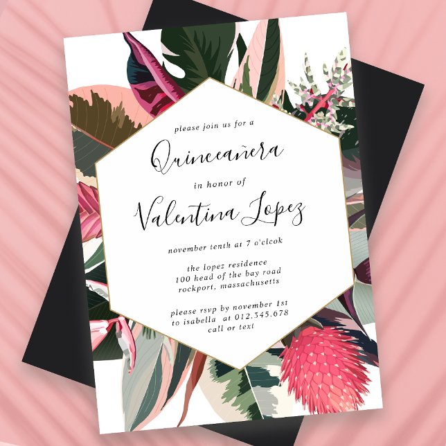 Modern Rosa Black Tropical Quinceanera Inbjudningar (Skapare uppladdad)