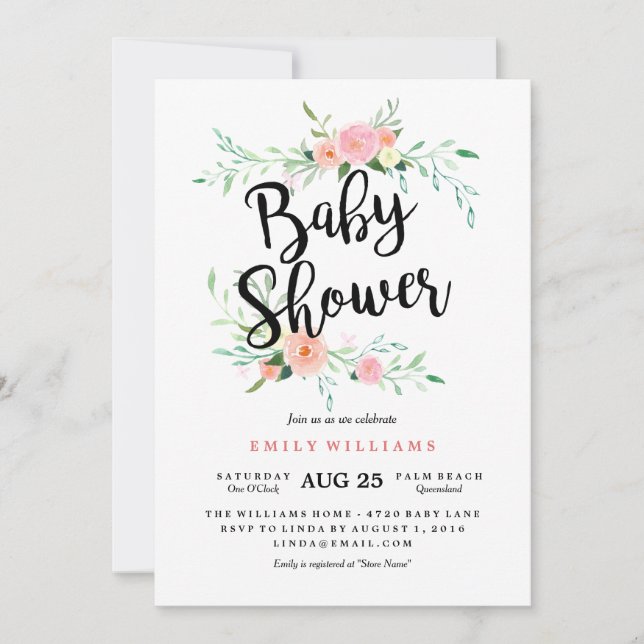 Modern Rosa Blommande Baby Shower Inbjudan (Framsida)