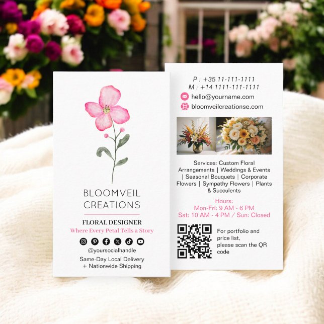 Modern rosa-blommans snyggt - florisera foton qr-k visitkort (Modern pink flower stylish florist photos qr code business card)