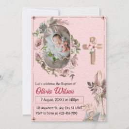 Modern Rosa Blommig Baby Foto Collage Dop  Inbjudningar