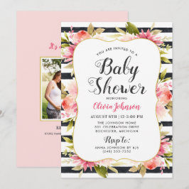Modern Rosa Blommig Bebis Shower Foto Flicka Inbjudningar