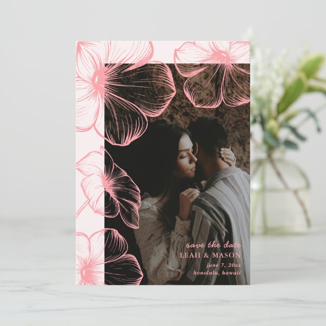 Modern Rosa Blommig Foto Elegant Bröllop Spara Datumet (Stående Fram)