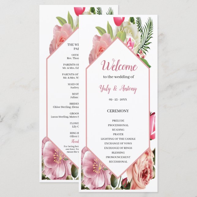 Modern Rosa Blommig Hexagon Ceremoni Schema (Fram/baksida)