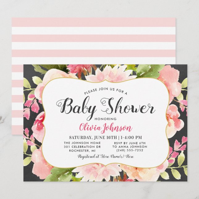 Modern Rosa Blommig Kant Babyflicka Baby Shower Inbjudningar (Fram/baksida)