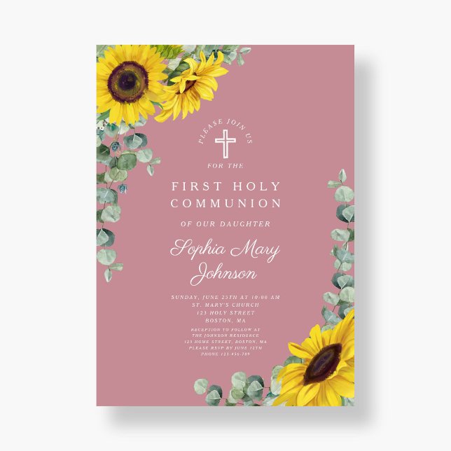 Modern Rosa Blommig Kors Första Kommunion Inbjudningar (Modern Pink Floral Cross First Communion Invitation)