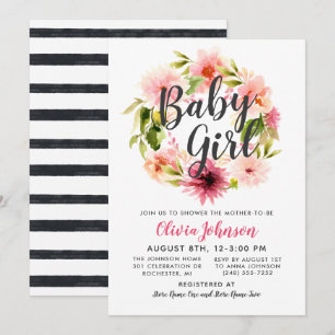 Modern Rosa Blommig Krans Babyflicka Baby Shower Inbjudningar