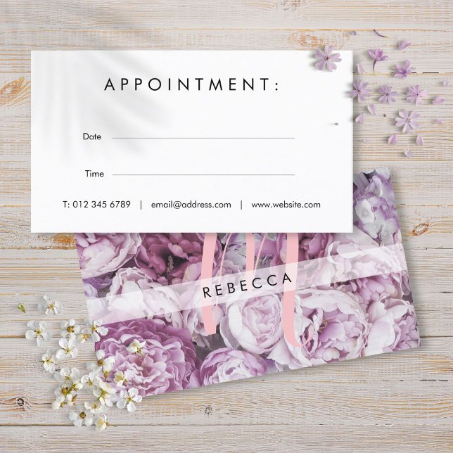 Modern Rosa Blommig Monogram Utnämningskort Visitkort (Modern Pink Floral Monogram Appointment Card)