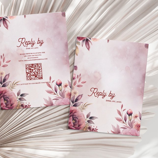 Modern Rosa Blommig QR-kod Romantisk Bröllop OSA Kort (Blush Pink Floral Wedding RSVP Card with QR Code | Modern Floral Reply Card)