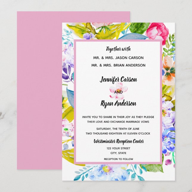 Modern Rosa Blommig Romantisk Bröllopsinbjudan Inbjudningar (Fram/baksida)