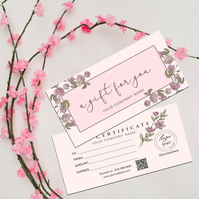 Modern Rosa Blommigt Add Logotyp Gift Certificate (Modern Pink Floral Add Logo Gift Certificate #floralgiftcard #pink #addlogo #girly)