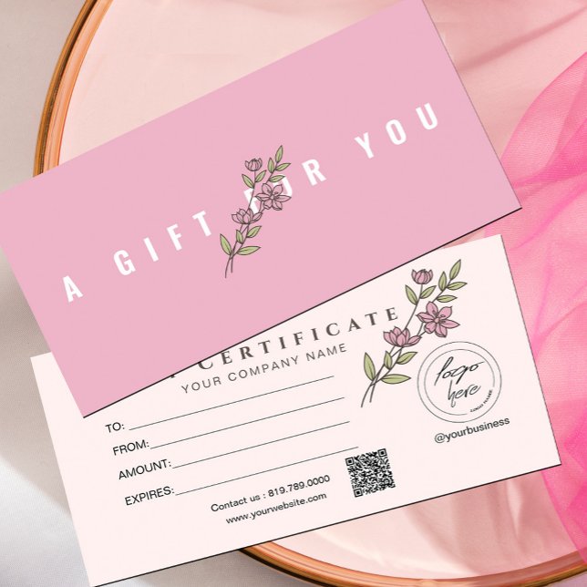 Modern Rosa Blommigt Add Logotyp Gift Certificate (Modern Pink Floral Add Logo Gift Certificate #floralgiftcard #pink #addlogo #girly #minimalist)