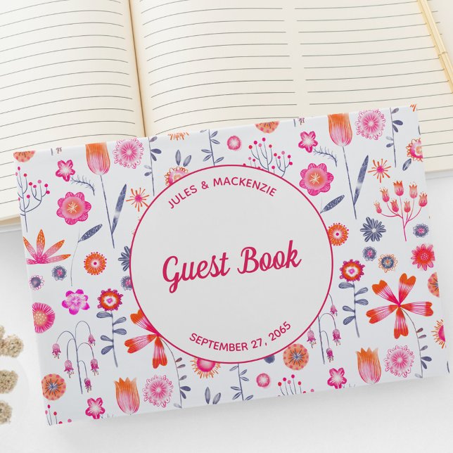 Modern Rosa Blommigt Boho Bröllop Gästböcker (Pretty modern pink floral wedding guest book)