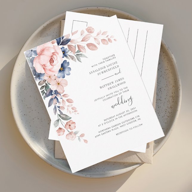 Modern Rosa Blommigt Botaniskt Bloom Bröllop Inbjudan Vykort (Blush Pink Floral Watercolor Script Wedding Invitation Postcard)