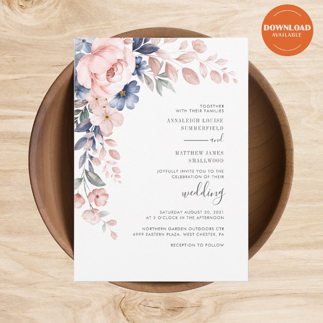 Modern Rosa Blommigt Botaniskt Bröllop Inbjudningar (Blush Pink Floral Watercolor Wedding Invitation)