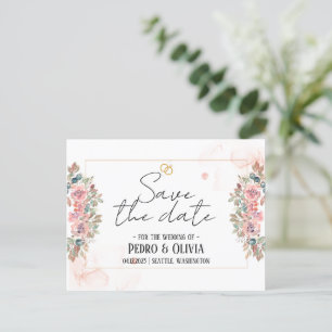 Modern rosa blommigt bröllop spara datum vykort
