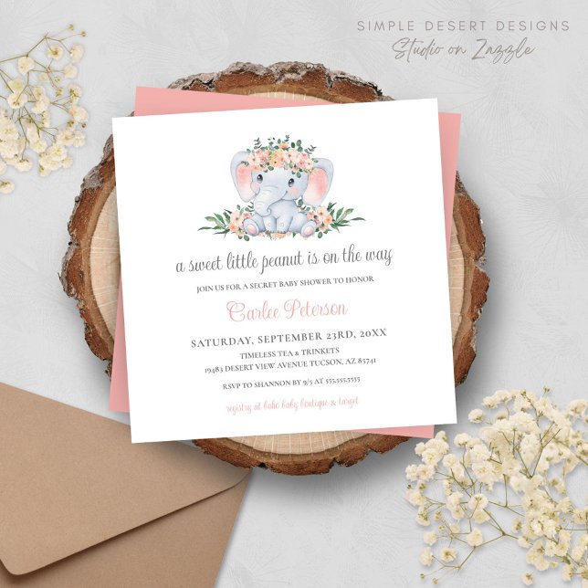 Modern Rosa Blommigt Cute Elephant Girl Baby Showe (Simple Cute Elephant Baby Shower Invitation with Blush Pink Floral and Greenery)
