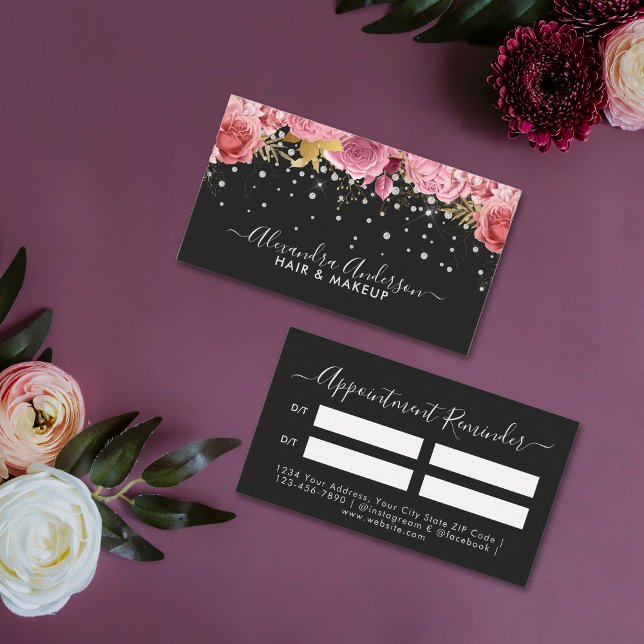 Modern Rosa Blommigt Diamonds Glitter Beauty Salon Tidsbeställning Kort (Modern Pink Floral Diamonds Glitter Beauty Salon Appointment Card)