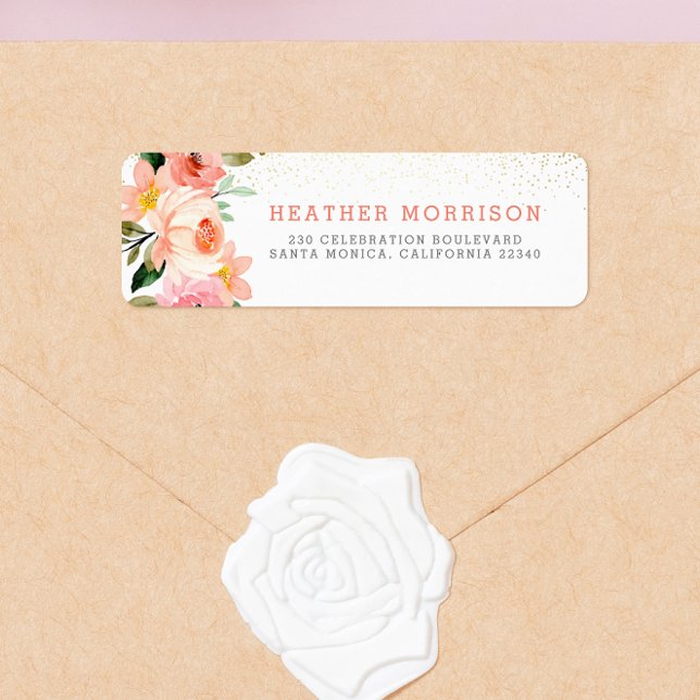 Modern  Rosa - Blommigt för vattenfärg och Guld Returadress Etikett (Return Address Label Mock-up)
