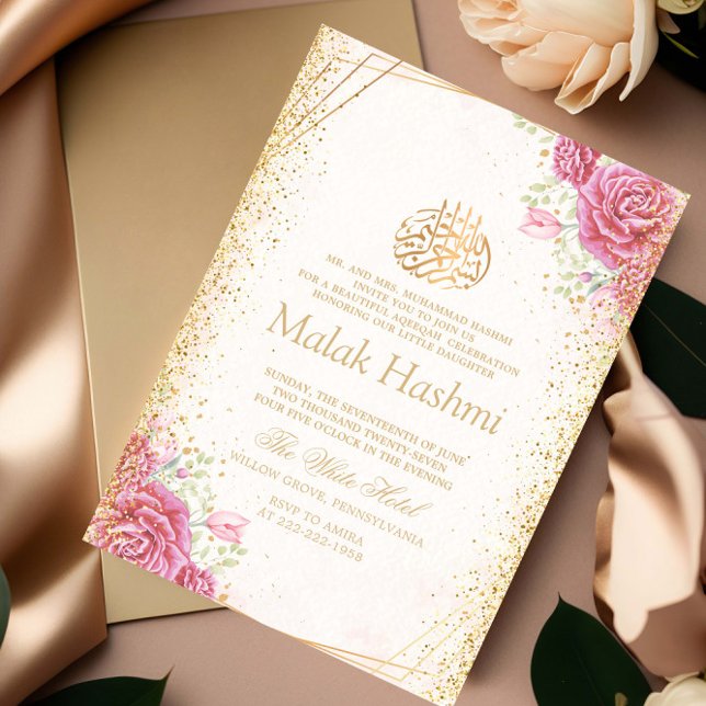 Modern Rosa Blommigt Guld Islamiska Aqiqa Aqeqa Ba Inbjudningar (Skapare uppladdad)