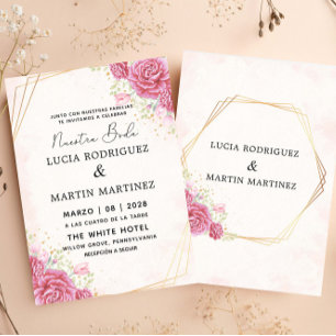 Modern Rosa Blommigt Guld Spanska Nuestra Boda Inbjudningar