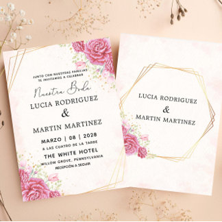 Modern Rosa Blommigt Guld Spanska Nuestra Boda Inbjudningar