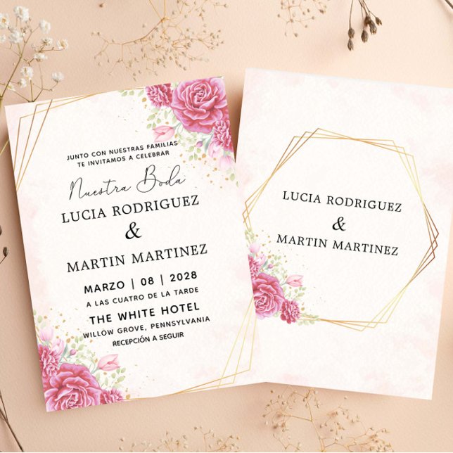 Modern Rosa Blommigt Guld Spanska Nuestra Boda Inbjudningar (Skapare uppladdad)