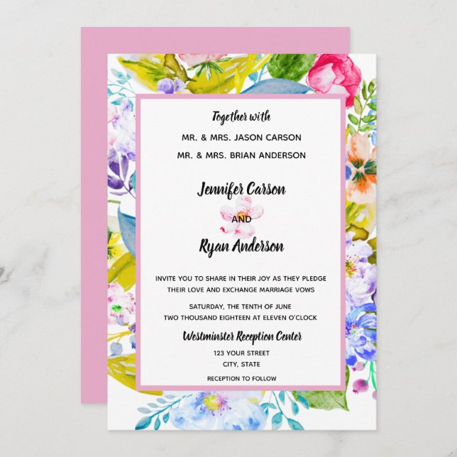 Modern Rosa Blommigt - inbjudan till Romantic Wedd (Fram/baksida)