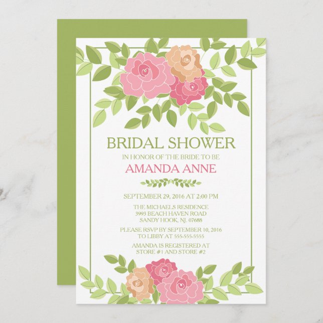 Modern Rosa Blommigt Inbjudningskort för möhippan (Fram/baksida)