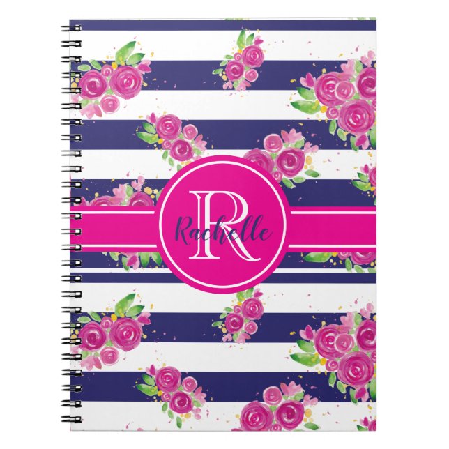 Modern Rosa Blommigt Navy Stripe Snyggt Monogram Anteckningsbok (Framsidan)
