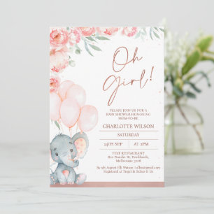 Modern Rosa Blommigt Oh Girl Elephant Baby Shower Inbjudningar