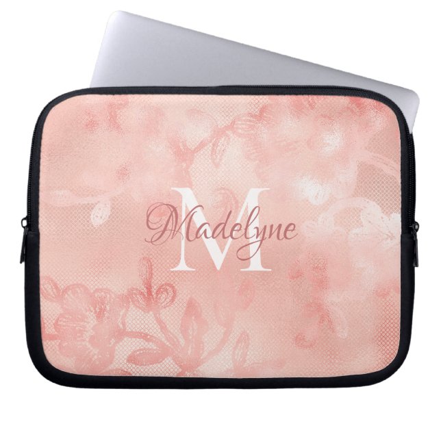 Modern  Rosa Blommigt Snöre Shimmer Monogram Laptop Fodral (Framsidan)