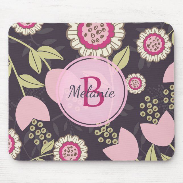 Modern Rosa Blommigt Tulip Mönster Monogram Musmatta (Framsidan)