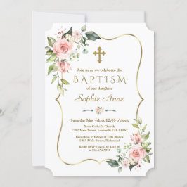 Modern Rosa blommor Guld Ram-baptism Inbjudningar