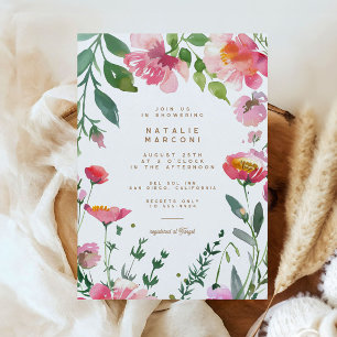 Modern Rosa Blommor Guld Trädgård Flicka Baby Show Inbjudningar