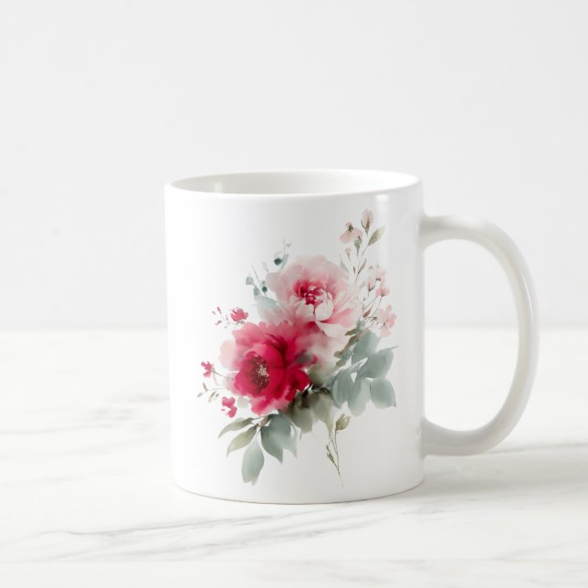 Modern rosa blommor i vattenfärgsburgundi kaffemugg (Höger)