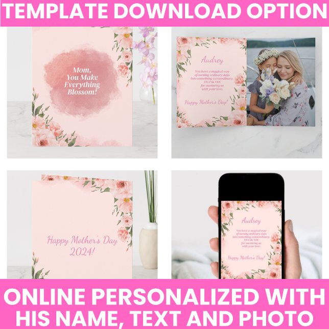 Modern Rosa Blommor Mors Dag Kort (Modern Pink Floral Mother's Day Card)