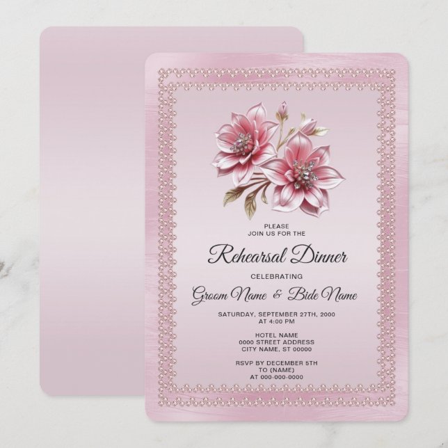 Modern Rosa Blommor Övningsmiddag Inbjudningar (Fram/baksida)