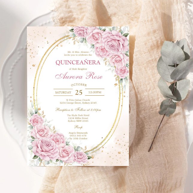 Modern rosa blomsterlig Quinceanera-inbjudan Inbjudningar (Skapare uppladdad)