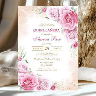 Modern rosa blomsterlig Quinceanera-inbjudan Inbjudningar