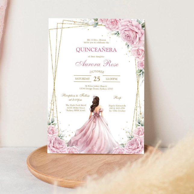 Modern rosa blomsterlig Quinceanera-inbjudan Inbjudningar (Skapare uppladdad)