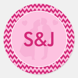 Modern Rosa Bloom Chevron Monogram Bröllop Runt Klistermärke