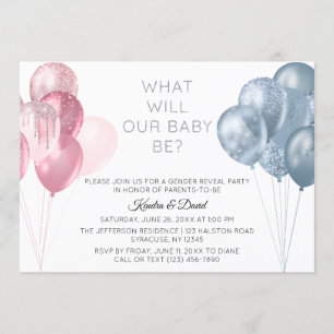 Modern Rosa Blue Balloons Gender Reveal Party Inbjudningar