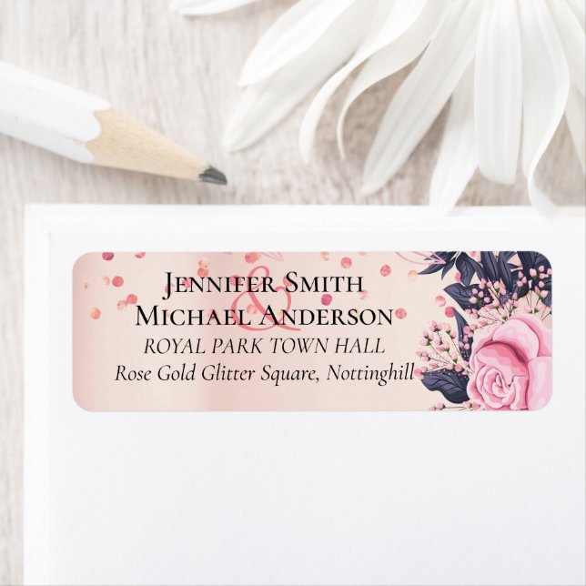 Modern Rosa Blue Blommigt Bröllop Returadress Etikett (Insitu)
